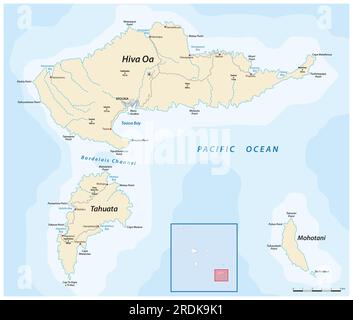 Mappa delle isole di Hiva Oa, Tahuata e Mohotani, Isole Marchesi nella Polinesia francese Foto Stock