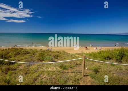 Platja Llarga (lunga spiaggia) a Salou, con le dune naturali della costa con vegetazione mediterranea, sulla costa della Costa Daurada Tarragona Spagna Foto Stock