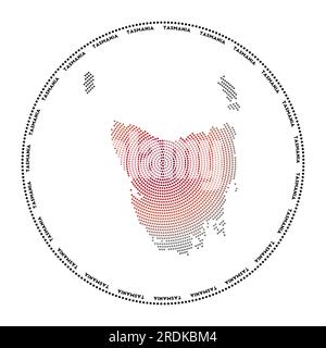 Logo rotondo della Tasmania. Forma in stile digitale della Tasmania in un cerchio punteggiato con il nome dell'isola. Icona tecnologica dell'isola con punti graduati. Illustrazione Vettoriale