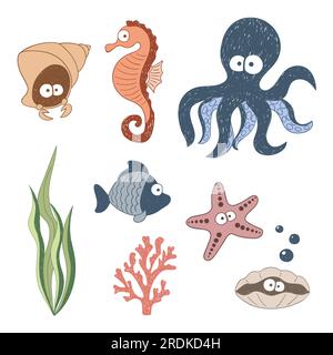 Carino set di animali marini. Illustrazione vettoriale colorata Doodle. Illustrazione Vettoriale