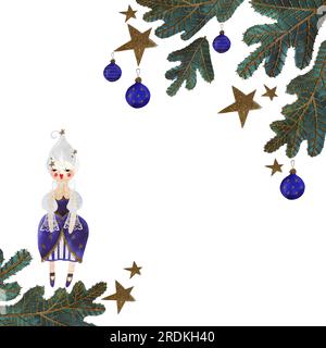 Cornice acquerello con albero di natale decorato aggiungere bambole . Biglietto di Natale. Giocattolo per bambini. Un regalo di Natale. Illustrazione raster per imballaggio, greeti Foto Stock