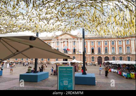 Tolosa, Francia. 22 luglio 2023. I sistemi di ombreggiatura stagionali raffreddano le strade di Tolosa, qui Place du Capitole. Francia, Tolosa il 21 luglio 2023. Foto di Patricia Huchot-Boissier/ABACAPRESS.COM Credit: Abaca Press/Alamy Live News Foto Stock