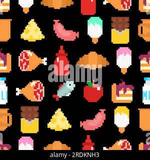 Pattern food pixel art senza cuciture. sfondo alimentare pixellato. texture a 8 bit Illustrazione Vettoriale