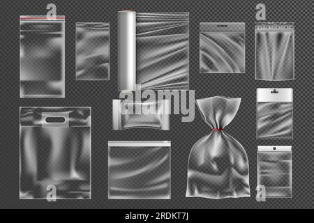 Set di sacchetti in plastica. Mockup trasparente di biscotti, snack e caramelle al cioccolato. Involucro in bustina. Confezione vuota in cellofano, confezione con zip in polietilene sottovuoto. Busta vettoriale mock up raccolta isolata Illustrazione Vettoriale