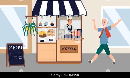 Vecchio ballerino. Piccola impresa. Negozio di spuntini da asporto. Chiosco per la vendita di dolci. Negozio all'aperto. Felice uomo anziano. Nonno gioioso che cammina per strada. Senior che compra torte in bancarella. Illustrazione vettoriale Illustrazione Vettoriale