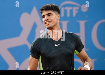 21 luglio 2023, Nizza, Provence-Alpes-CÃ d'Azur, FRANCIA: CARLOS ALCARAZ SPAGNOLO durante la Hopman Cup 2023, ITF World Mixed Team Championships il 21 luglio 2023 al Nice Lawn Tennis Club di Nizza, Francia (immagine di credito: © Emilie Lohmann/ZUMA Press Wire) SOLO USO EDITORIALE! Non per USO commerciale! Foto Stock