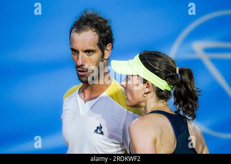 21 luglio 2023, Nizza, Provence-Alpes-CÃ d'Azur, FRANCIA: ALIZE CORNET e RICHARD GASQUET per la squadra francese contro LEANDRO RIEDI e CELINE NAEF per la squadra svizzera, durante la partita di doppio misto alla Hopman Cup 2023, ITF World Mixed Team Championships il 21 luglio 2023 al Nice Lawn Tennis Club di Nizza, in Francia. (Immagine di credito: © Emilie Lohmann/ZUMA Press Wire) SOLO USO EDITORIALE! Non per USO commerciale! Foto Stock