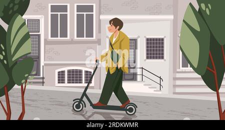 Scooter elettrico da città. Ragazzo in moto. Adolescente che cammina sul marciapiede. Uomo hipster per strada. Recinzione e case. Uomini che guidano un moderno trasporto elettrico. Edificio urbano. Illustrazione di cartoni animati vettoriali Illustrazione Vettoriale