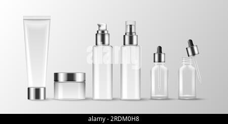 Bottiglie cosmetiche. Crema idratante. Modello di packaging dei prodotti 3D. Spray estetico. Fiala o tubo di lozione per la cura della pelle. Contenitore in vetro. Svuotare il vaso e la provetta. Contagocce per siero. Set di pacchetti bianchi Vector Realistic Illustrazione Vettoriale