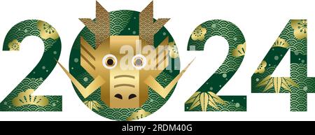 The Year 2024, Year of the Dragon, Vector New Year Greeting Symbol con Dragon Face isolato su sfondo bianco. Illustrazione Vettoriale
