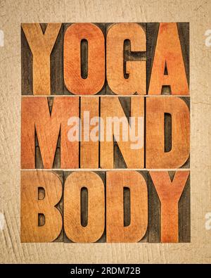 yoga, mente, corpo parola astratto - testo in letterpress tipo di legno su carta fatta a mano, meditazione, benessere e stile di vita concetto Foto Stock