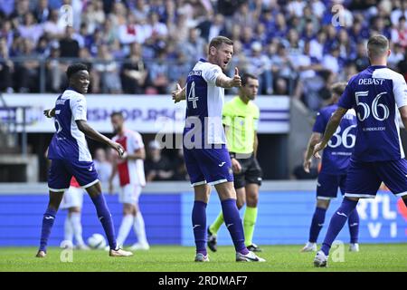 Bruxelles, Belgio. 22 luglio 2023. Jan Vertonghen dell'Anderlecht reagisce durante una partita di calcio amichevole tra il club di prima divisione RSC Anderlecht e l'AFC Ajax olandese, sabato 22 luglio 2023 a Bruxelles, in preparazione della prossima stagione 2023-2023. BELGA PHOTO JOHN THYS Credit: Belga News Agency/Alamy Live News Foto Stock