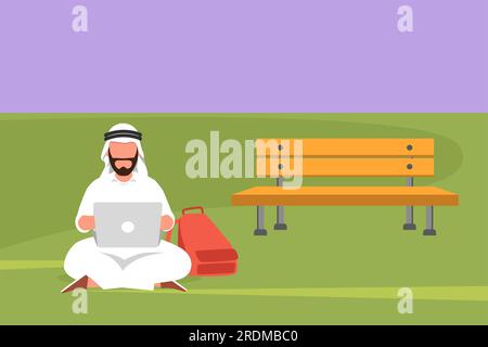 Cartone animato in stile piatto che disegna un uomo d'affari arabo che utilizza un computer portatile seduto sull'erba nel parco. Rilassa gli studenti maschi che scrivono la tastiera del computer e stu Foto Stock