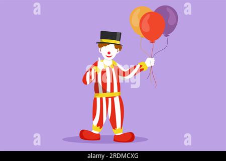 Design grafico piatto che disegna il clown in piedi e regge i palloncini con il pollice in alto, indossando cappello e costume da clown pronti a intrattenere il pubblico Foto Stock