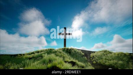 Una croce sulla collina con le nuvole che si muovono sul cielo stellato blu. Pasqua, resurrezione, nuova vita, concetto di redenzione. Foto Stock