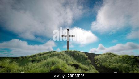 Una croce sulla collina con le nuvole che si muovono sul cielo stellato blu. Pasqua, resurrezione, nuova vita, concetto di redenzione. Foto Stock