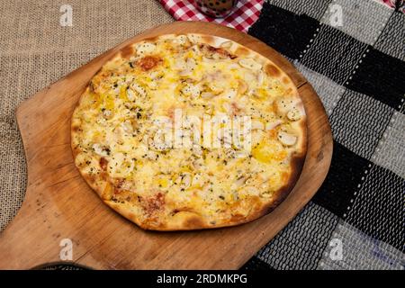 Funghi brasiliani, formaggio e pizza origano, vista dall'alto Foto Stock