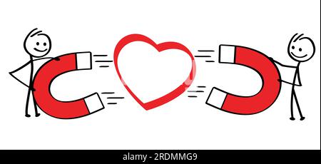 Cartoni animati magnetici all'amore. Stickman in amore, romanticismo. Disegno, figure uomo, donna e icona del cuore. Matrimonio, san valentino 14 febbraio che amo o mi manca yo Foto Stock