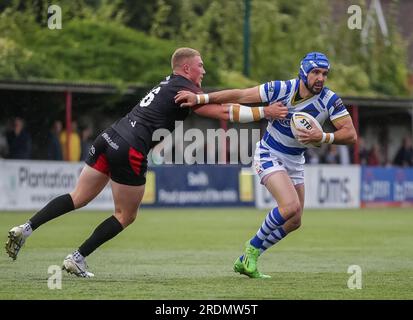 Priory Lane, Regno Unito. 22 luglio 2023. Louis JOuffrett di Halifax *** durante il match di Coppa 1895 tra London Broncos e Halifax Panthers al Rosslyn Park FC, Priory Lane, Regno Unito, il 22 luglio 2023. Foto di Simon Hall. Solo per uso editoriale, licenza necessaria per uso commerciale. Nessun utilizzo in scommesse, giochi o pubblicazioni di un singolo club/campionato/giocatore. Credito: UK Sports Pics Ltd/Alamy Live News Foto Stock