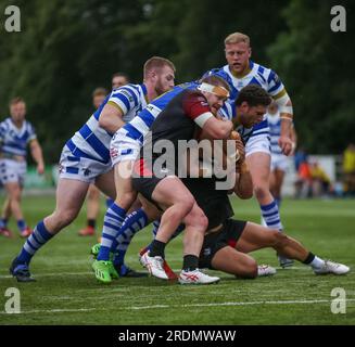 Priory Lane, Regno Unito. 22 luglio 2023. *** Durante il match di Coppa 1895 tra London Broncos e Halifax Panthers al Rosslyn Park FC, Priory Lane, Regno Unito, il 22 luglio 2023. Foto di Simon Hall. Solo per uso editoriale, licenza necessaria per uso commerciale. Nessun utilizzo in scommesse, giochi o pubblicazioni di un singolo club/campionato/giocatore. Credito: UK Sports Pics Ltd/Alamy Live News Foto Stock