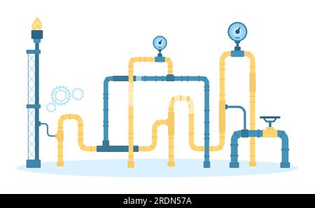 Illustrazione del vettore di gasdotto liquefatto naturale. Tubi in acciaio cartoni animati con valvole a ruota, misuratori di pressione per il controllo del flusso e delle perdite di gas e torretta, struttura infografica del sistema energetico Illustrazione Vettoriale