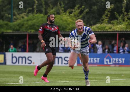 Priory Lane, Regno Unito. 22 luglio 2023. Prova Halifax *** durante la partita di Coppa 1895 tra London Broncos e Halifax Panthers al Rosslyn Park FC, Priory Lane, Regno Unito, il 22 luglio 2023. Foto di Simon Hall. Solo per uso editoriale, licenza necessaria per uso commerciale. Nessun utilizzo in scommesse, giochi o pubblicazioni di un singolo club/campionato/giocatore. Credito: UK Sports Pics Ltd/Alamy Live News Foto Stock