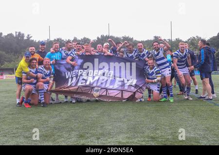 Priory Lane, Regno Unito. 22 luglio 2023. *** Durante il match di Coppa 1895 tra London Broncos e Halifax Panthers al Rosslyn Park FC, Priory Lane, Regno Unito, il 22 luglio 2023. Foto di Simon Hall. Solo per uso editoriale, licenza necessaria per uso commerciale. Nessun utilizzo in scommesse, giochi o pubblicazioni di un singolo club/campionato/giocatore. Credito: UK Sports Pics Ltd/Alamy Live News Foto Stock