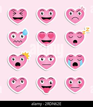 Simpatici adesivi per l'espressione del cuore. Set di adesivi vettoriali a cuore carino che rappresentano diverse sensazioni per elementi di design o emoticon ed emoji. Illustrazione Vettoriale