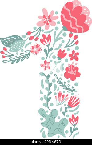 Carattere vettoriale disegnato a mano numero 1 uno con fiori e rami primavera fiorita. Alfabeto floreale tipografia lettera estiva monogramma o matrimonio con logo Illustrazione Vettoriale