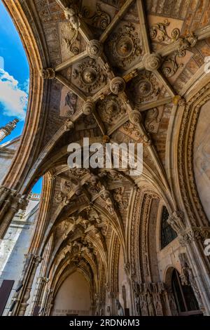 Soffitto tardo gotico nel Chiostro della Cattedrale di León, Castiglia-León, Spagna. La Cattedrale di Santa María de Regla de Leon. Castilla León, Spagna. Foto Stock