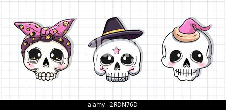 Carini teschi dei cartoni animati. Festa di Halloween. Illustrazione vettoriale. Illustrazione Vettoriale