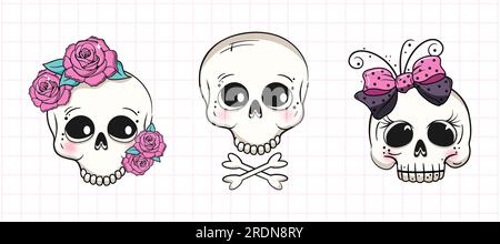 Carini teschi dei cartoni animati. Festa di Halloween. Illustrazione vettoriale. Illustrazione Vettoriale