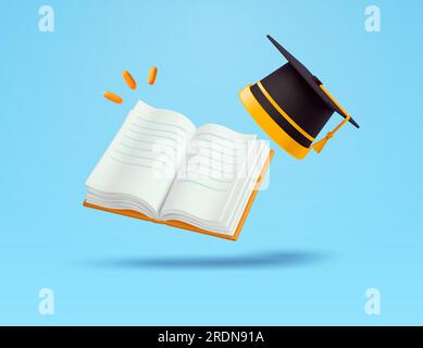 libro aperto in 3d con tappo di graduazione, isolato sullo sfondo. Banner concept per il ritorno a scuola, ammissione, nuovo semestre, anno, classe, corso, biblioteca. illustrazione vettoriale 3d. Illustrazione vettoriale Illustrazione Vettoriale