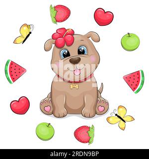 Simpatico cane da cartoni animati con un fiore tropicale in una cornice di frutta. Illustrazione vettoriale estiva di un animale con angurie, cuori rossi, mele verdi Illustrazione Vettoriale