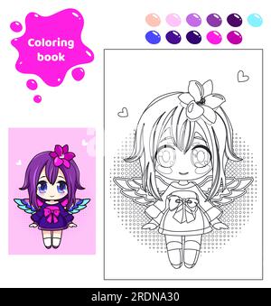 Libro da colorare per bambini. Ragazza anime con le ali. Illustrazione Vettoriale