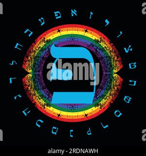 Illustrazione vettoriale dell'alfabeto ebraico accanto a un arcobaleno. Lettera ebraica chiamata Peh Large e Blue. Illustrazione Vettoriale