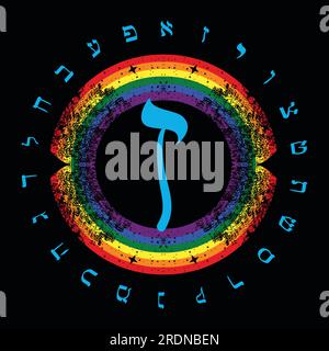 Illustrazione vettoriale dell'alfabeto ebraico accanto a un arcobaleno. Lettera ebraica chiamata Zayin Large e Blue. Illustrazione Vettoriale