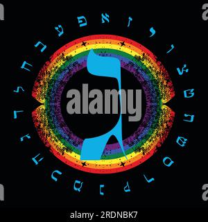 Illustrazione vettoriale dell'alfabeto ebraico accanto a un arcobaleno. Lettera ebraica chiamata Gimel Large e Blue. Illustrazione Vettoriale