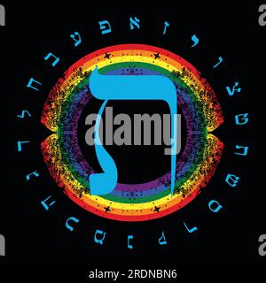 Illustrazione vettoriale dell'alfabeto ebraico accanto a un arcobaleno. Lettera ebraica chiamata Tau Large e Blue. Illustrazione Vettoriale