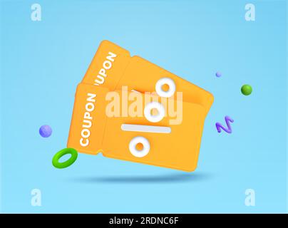 voucher o coupon gialli 3d con icona percentuale, effetto coriandoli, isolati sullo sfondo. Concetto di sconto, sconto, regalo, cashback, vendita, promozione, prezzo del prodotto. illustrazione vettoriale 3d. Illustrazione vettoriale Illustrazione Vettoriale