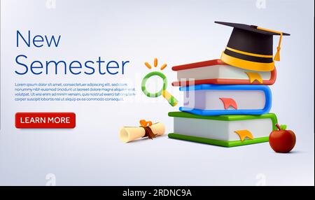 pila di libri 3d con cappello o cappello da graduazione, diploma, lente d'ingrandimento, mela, isolato sullo sfondo. Modello di banner per il ritorno a scuola, nuovo semestre, anno, classe, corso. illustrazione vettoriale. Illustrazione vettoriale Illustrazione Vettoriale
