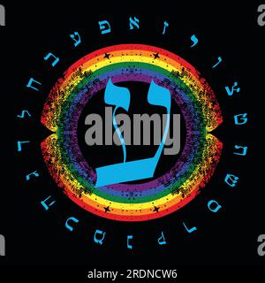 Illustrazione vettoriale dell'alfabeto ebraico accanto a un arcobaleno. Grande lettera ebraica blu chiamata Ayin. Illustrazione Vettoriale