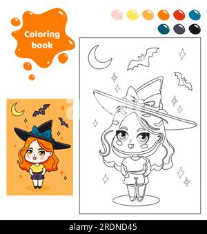 Libro da colorare per bambini. Ragazza anime con cappello e pipistrelli. Illustrazione Vettoriale