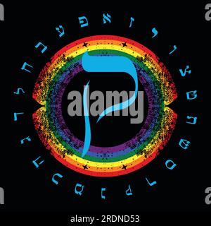 Illustrazione vettoriale dell'alfabeto ebraico accanto a un arcobaleno. Grande lettera ebraica blu chiamata Qoph. Illustrazione Vettoriale