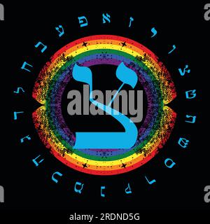 Illustrazione vettoriale dell'alfabeto ebraico accanto a un arcobaleno. Lettera ebraica chiamata Shin Large e Blue. Illustrazione Vettoriale