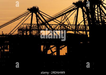 Dettagli di gigantesche gru a portale per container al tramonto Foto Stock