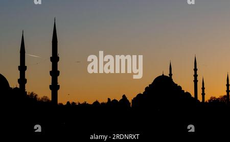 Silhouette nera della città con moschee al tramonto. Panorama urbano di Istanbul al crepuscolo. Foto Stock