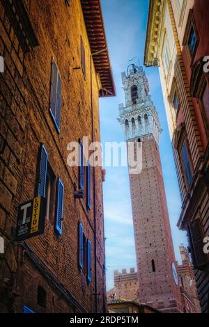 Torre del Mangia in Piazza del campo a Siena, Italia. Foto Stock