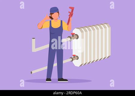 Disegno a cartoni animati in stile piatto di un idraulico femminile in piedi con il gesto Call me e tenendo l'utensile carpenteria pronto per il lavoro, fissando le tubazioni rotte a casa. Su Foto Stock
