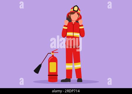 Disegno grafico piatto che disegna cavalletti per pompieri femminili con estintore indossa casco, uniforme con gesto celebrativo. Sto lavorando per estinguere l'incendio Foto Stock